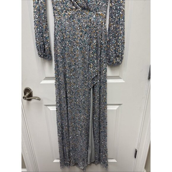 Mac Duggal Size 2 Silver 5213 SEQUIN LONG SLEEVE Wrap Formal GOWN Dress $498 - Picture 6 of 11